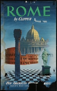 3r007 PAN AMERICAN WORLD AIRWAYS ROME 25x40 travel poster 1951 cool art of Roman sights & Clipper!