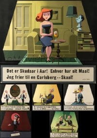 3s431 LOT OF 7 UNFOLDED 28X33 DANISH BEER ADVERTISING POSTERS 1940s great cartoon art!