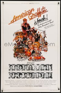 3t035 AMERICAN GRAFFITI 1sh R1978 George Lucas, great wacky Mort Drucker artwork of cast & images!
