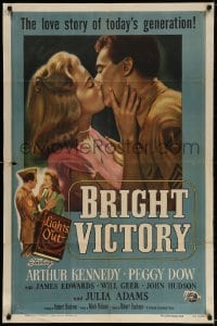 3t118 BRIGHT VICTORY 1sh 1951 close up of blind Arthur Kennedy kissing pretty Peggy Dow!