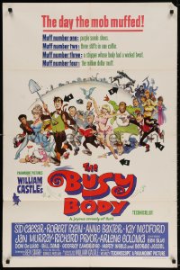 3t135 BUSY BODY 1sh 1967 William Castle, great wacky art of entire cast by Frank Frazetta!