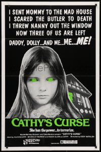 3t145 CATHY'S CURSE 1sh 1977 creepy image of Linda Koot, she has the power to terrorize!