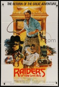 3t690 RAIDERS OF THE LOST ARK English 1sh R1982 great Brian Bysouth art of adventurer Harrison Ford!