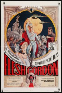 3t301 FLESH GORDON 1sh 1974 sexy sci-fi spoof, wacky erotic super hero art by George Barr!