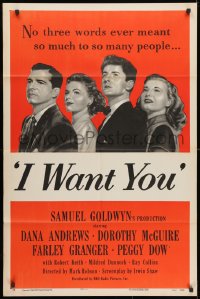 3t421 I WANT YOU 1sh 1951 Dana Andrews, Dorothy McGuire, Farley Granger, Peggy Dow