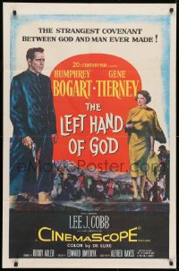 3t504 LEFT HAND OF GOD 1sh 1955 art of priest Humphrey Bogart with gun + sexy Gene Tierney!