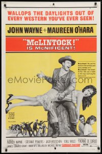 3t562 McLINTOCK 1sh 1963 best image of John Wayne giving Maureen O'Hara a spanking!