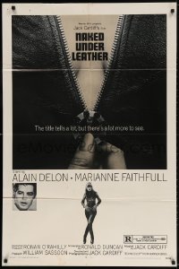 3t594 NAKED UNDER LEATHER 1sh 1970 Alain Delon, super c/u of sexy Marianne Faithfull unzipping!