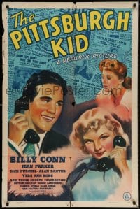 3t659 PITTSBURGH KID 1sh 1941 art of boxer Billy Conn & Jean Parker w/phones & newspapers!