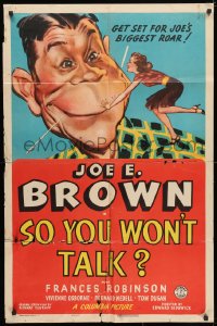 3t781 SO YOU WON'T TALK 1sh 1940 great artwork of giant Joe E. Brown hushed by sexy tiny girl!