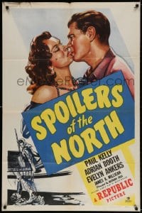 3t795 SPOILERS OF THE NORTH 1sh 1947 romantic close-up artwork of Paul Kelly & Adrian Booth!