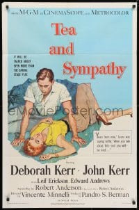 3t854 TEA & SYMPATHY 1sh 1956 great artwork of Deborah Kerr & John Kerr by Gale, classic tagline!