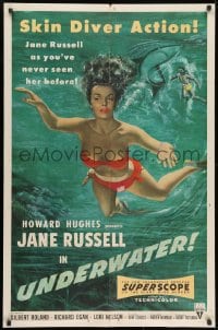 3t921 UNDERWATER 1sh 1955 Howard Hughes, art of sexiest skin diver Jane Russell swimming by shark!