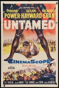 3t923 UNTAMED 1sh 1955 cool art of Tyrone Power & Susan Hayward in Africa with natives!