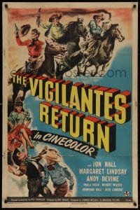 3t934 VIGILANTES RETURN 1sh 1946 Jon Hall, Margaret Lindsay & Andy Devine, cool western art!