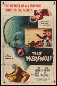 3t955 WEREWOLF 1sh 1956 two great wolf-man horror images, it happens before your horrified eyes!