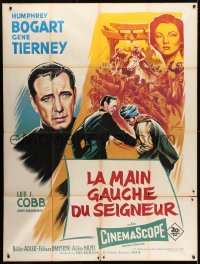 3w753 LEFT HAND OF GOD French 1p 1955 Grinsson art of priest Humphrey Bogart & sexy Gene Tierney!