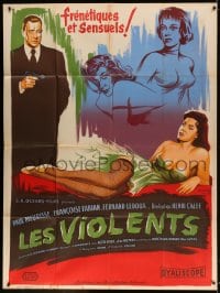 3w759 LES VIOLENTS French 1p 1957 great different Xarrie art of guy with gun by sexy girls!