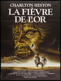 3w811 MOTHER LODE French 1p 1982 different Landi art of Charlton Heston in gold mining adventure!