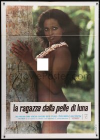 3w347 MOON SKIN Italian 1p 1972 c/u of sexy naked tropical native woman wearing lei by tree!