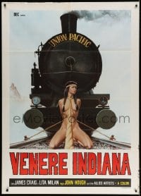 3w353 NAKED IN THE SUN Italian 1p R1970s art of naked Native American girl tied on train tracks!