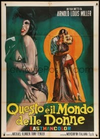 3w370 PRIMITIVE LONDON Italian 1p 1966 Tarantelli art of sexy stripper & lovers in keyhole!