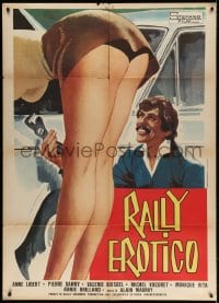 3w392 SEX RALLY Italian 1p 1976 art of man handing wrench to sexy woman working on car in a skirt!