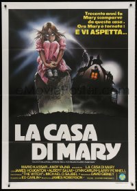 3w403 SUPERSTITION Italian 1p 1982 different art of ghoulish girl sitting on tombstone!