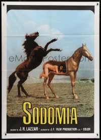 3w429 VIOLATION OF THE BITCH teaser Italian 1p 1979 Sodomia, outrageous image of naked woman & horses