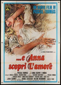 3w123 DON'T CRY WITH YOUR MOUTH FULL Italian 2p 1975 different art of blonde laying in hay!