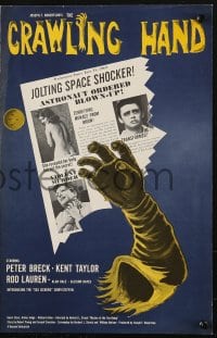 3w031 CRAWLING HAND pressbook 1963 wacky horror sci-fi, great art of disembodied hand & newspaper!