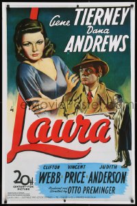 3y324 LAURA Belgian R1990s great image of Dana Andrews lusting after sexy Gene Tierney, Otto Preminger