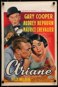 3y327 LOVE IN THE AFTERNOON Belgian 1957 art of Gary Cooper, Audrey Hepburn & Chevalier!