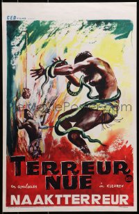 3y331 NAKED TERROR Belgian 1961 wild artwork of topless woman dancing with snakes, Terreur Nue!