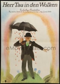 3y267 POPLACH V OBLACICH East German 16x23 1980 wild artwork of man under wacky umbrella!