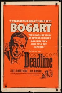 3y119 DEADLINE-U.S.A. English double crown 1952 close-up art of Humphrey Bogart, ultra-rare!
