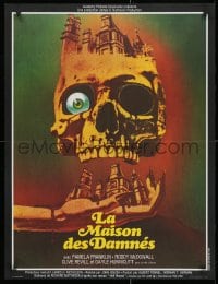 3y460 LEGEND OF HELL HOUSE French 23x30 1974 great skull & haunted house dripping with blood art!