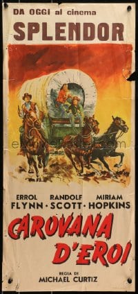 3y949 VIRGINIA CITY Italian locandina R1958 Scott, Errol Flynn, Humphrey Bogart on wagon!