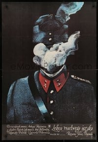 3y386 LESSON OF A DEAD LANGUAGE Polish 27x38 1980 soldier w/smoke for a face by Andrzej Pagowski!