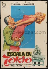 3y702 LADY TAKES A FLYER Spanish 1961 close up art of Jeff Chandler holding sexiest Lana Turner!