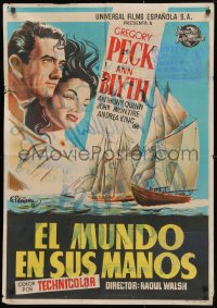 3y754 WORLD IN HIS ARMS Spanish 1952 F. Pinana art of Gregory Peck & Ann Blyth, Rex Beach novel!