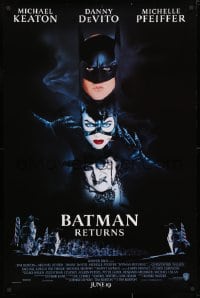 3z534 BATMAN RETURNS int'l advance DS 1sh 1992 Burton, Keaton, cool white date design!