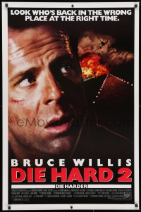 3z615 DIE HARD 2 int'l 1sh 1990 tough guy Bruce Willis, image of airplane and fire over airport!