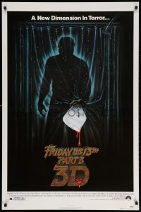 3z651 FRIDAY THE 13th PART 3 - 3D 1sh 1982 slasher sequel, art of Jason stabbing through shower!