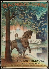 3z109 BAGNOLES DE L'ORNE 29x41 French travel poster 1922 Leandre art of woman taming horse!