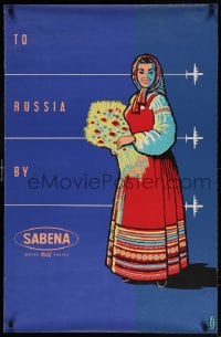 3z117 SABENA RUSSIA 26x39 Belgian travel poster 1950s woman holding flowers, Belgian World Airlines!