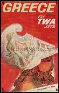 3z118 TWA GREECE 25x40 travel poster 1960s David Klein artwork of helmet!