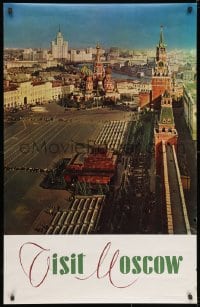 3z120 VISIT MOSCOW 27x42 Russian travel poster 1960s cool image of Red Square overlooking Lenin's Tomb!