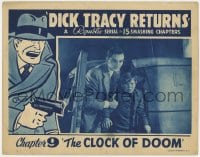 4a369 DICK TRACY RETURNS chapter 9 LC 1938 close up of Ralph Byrd helping boy, The Clock of Doom!
