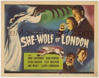 4a148 SHE-WOLF OF LONDON TC 1946 art of hooded phantom attacking June Lockhart & Don Porter!